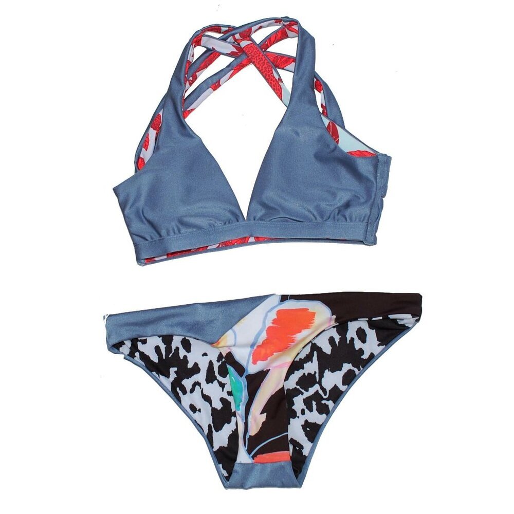 NWT MAAJI Women's Crossed Back Bikini Top & Leopard Bottom Set Reversible